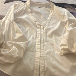 New York & Company White Dress Top with Band Collar and puffy sleeves.